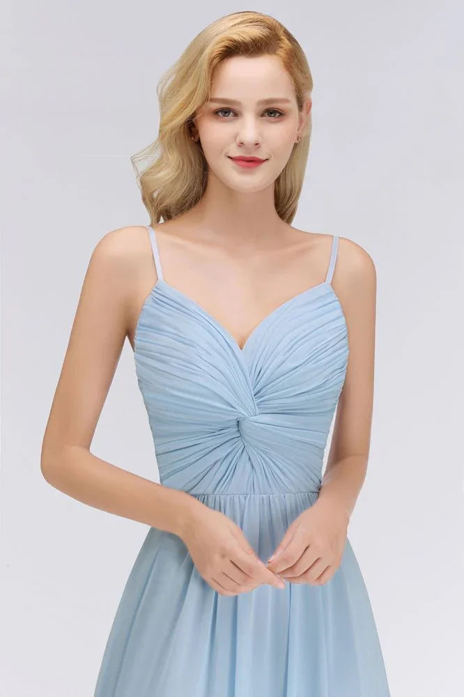 Spaghettiträger Kleid mit Rüschen aus Chiffon für Brautjungfern Himmelblau A-Linien Hochzeitsfestkleid