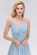 Spaghettiträger Kleid mit Rüschen aus Chiffon für Brautjungfern Himmelblau A-Linien Hochzeitsfestkleid