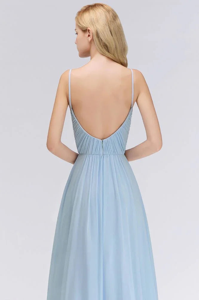 Spaghettiträger Kleid mit Rüschen aus Chiffon für Brautjungfern Himmelblau A-Linien Hochzeitsfestkleid