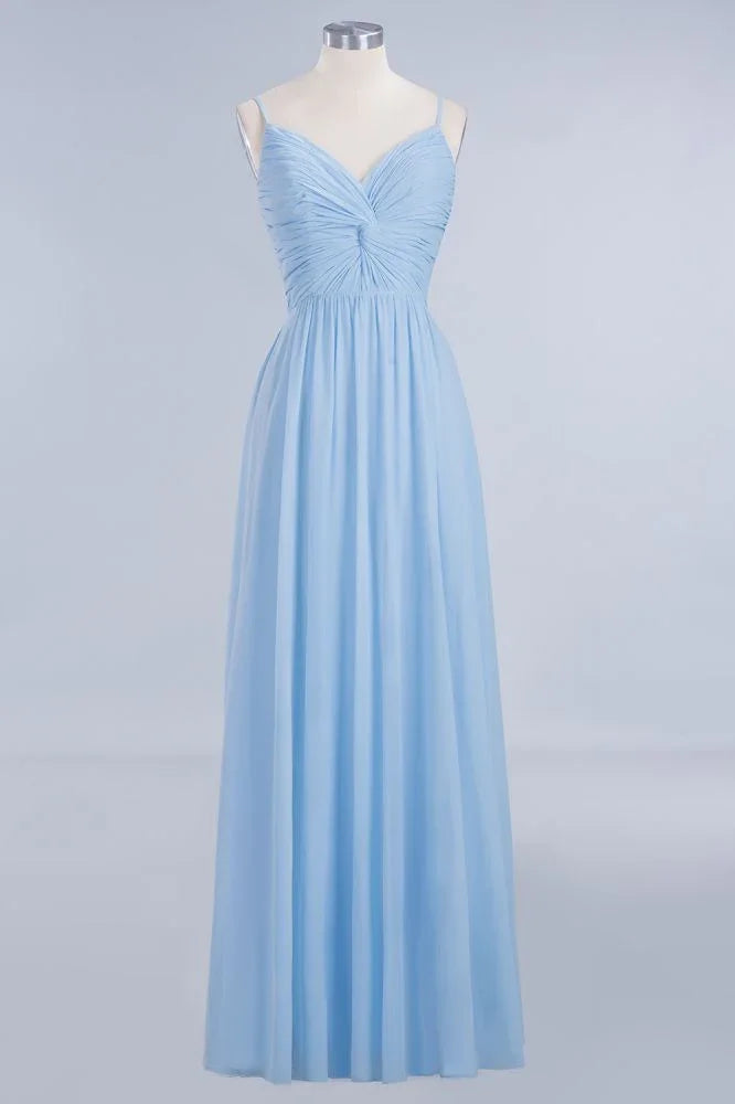 Spaghettiträger Kleid mit Rüschen aus Chiffon für Brautjungfern Himmelblau A-Linien Hochzeitsfestkleid