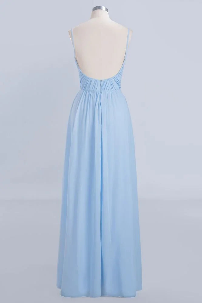 Spaghettiträger Kleid mit Rüschen aus Chiffon für Brautjungfern Himmelblau A-Linien Hochzeitsfestkleid