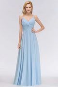 Spaghettiträger Kleid mit Rüschen aus Chiffon für Brautjungfern Himmelblau A-Linien Hochzeitsfestkleid