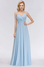 Spaghettiträger Kleid mit Rüschen aus Chiffon für Brautjungfern Himmelblau A-Linien Hochzeitsfestkleid