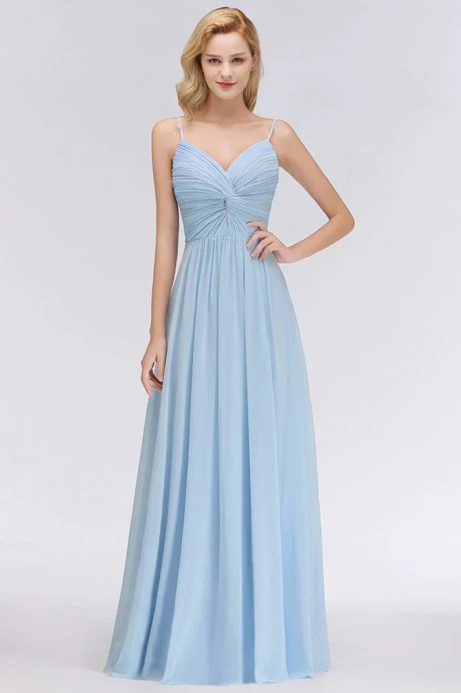 Spaghettiträger Kleid mit Rüschen aus Chiffon für Brautjungfern Himmelblau A-Linien Hochzeitsfestkleid