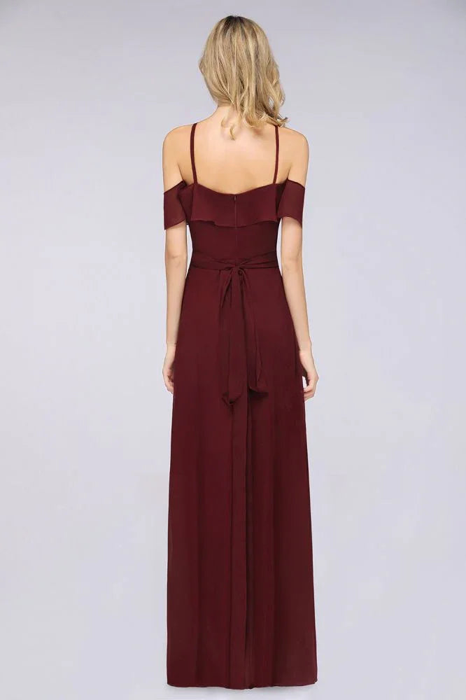 Spaghetti-Straps Sleeveless Ruffles Floor-Length Bridesmaid Dress with Bow Sash