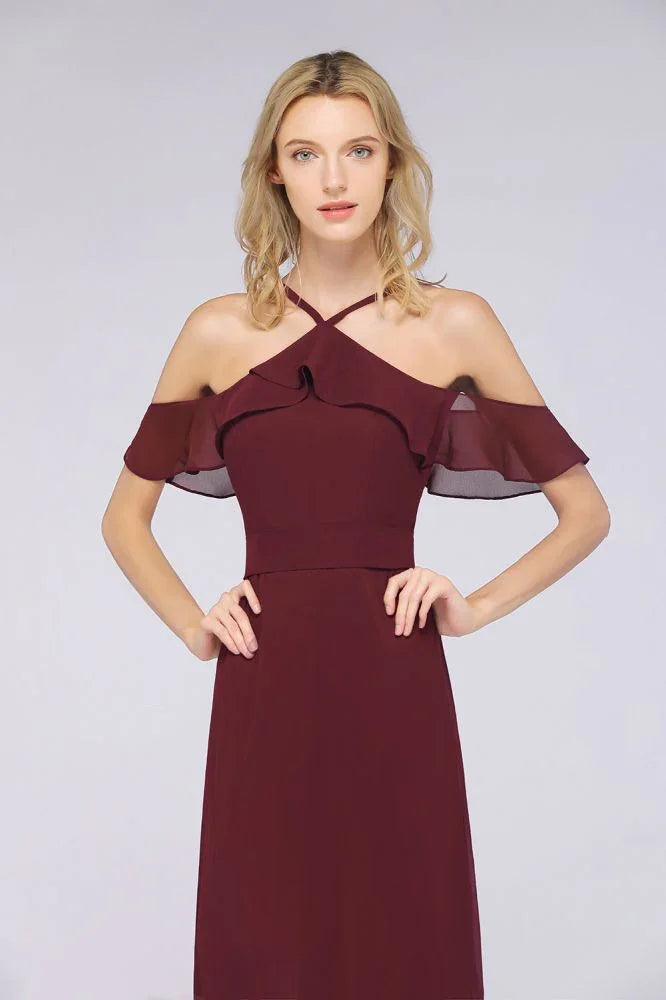 Spaghetti-Straps Sleeveless Ruffles Floor-Length Bridesmaid Dress with Bow Sash