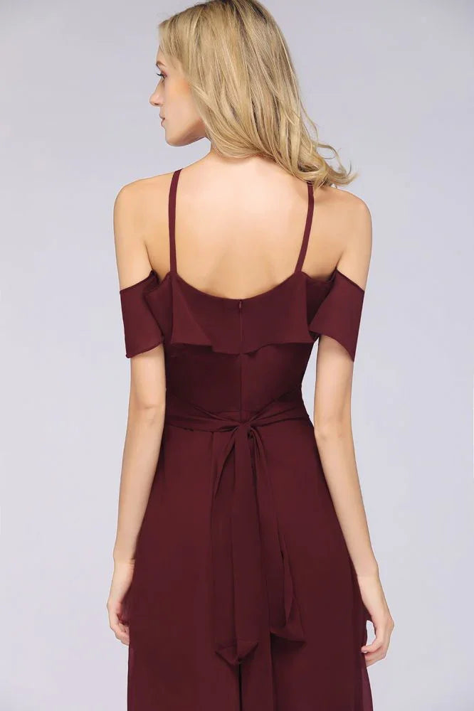 Spaghetti-Straps Sleeveless Ruffles Floor-Length Bridesmaid Dress with Bow Sash