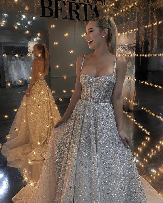 Sequined Spaghetti Strap Sleeveless Wedding Dress A Line Floor Length