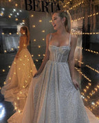 Sequined Spaghetti Strap Sleeveless Wedding Dress A Line Floor Length