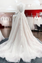 Ivory Spaghetti Strap Tulle V Neck Lace Ruffles Wedding Dress A Line