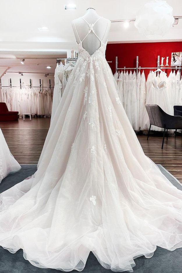 Ivory Spaghetti Strap Tulle V Neck Lace Ruffles Wedding Dress A Line
