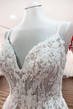 Ivory Spaghetti Strap Tulle V Neck Lace Ruffles Wedding Dress A Line