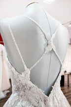 Ivory Spaghetti Strap Tulle V Neck Lace Ruffles Wedding Dress A Line