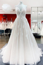 Ivory Spaghetti Strap Tulle V Neck Lace Ruffles Wedding Dress A Line
