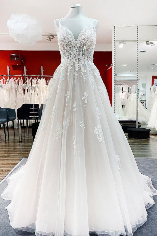 Ivory Spaghetti Strap Tulle V Neck Lace Ruffles Wedding Dress A Line