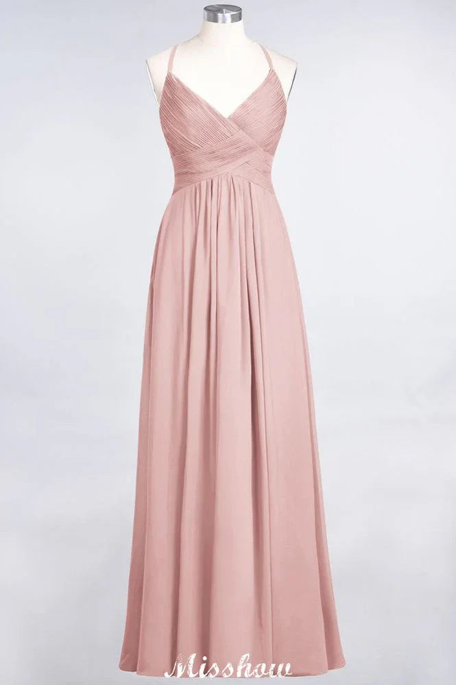 Spaghetti-Straps V-Neck Sleeveless Floor-Length Bridesmaid Dress