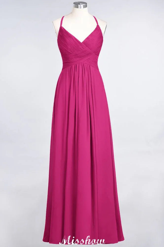 Spaghetti-Straps V-Neck Sleeveless Floor-Length Bridesmaid Dress