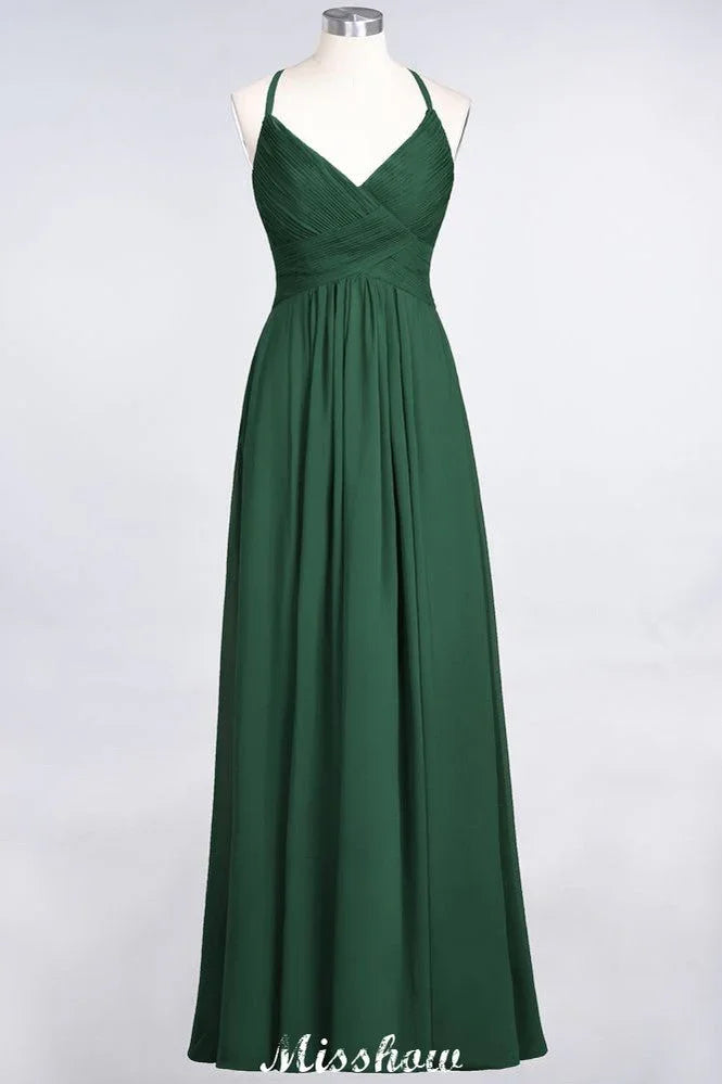 Spaghetti-Straps V-Neck Sleeveless Floor-Length Bridesmaid Dress