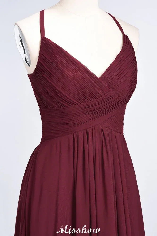 Spaghetti-Straps V-Neck Sleeveless Floor-Length Bridesmaid Dress