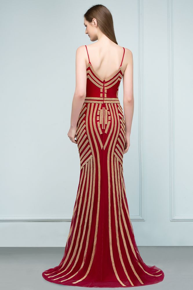 Abito da sera lungo fino al pavimento con scollo a V a forma di sirena, perline e tulle Spaghetti