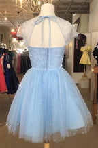 Vestido de Regresso a Casa com Mangas Curtas de Contas Brilhantes Azul Céu Claro