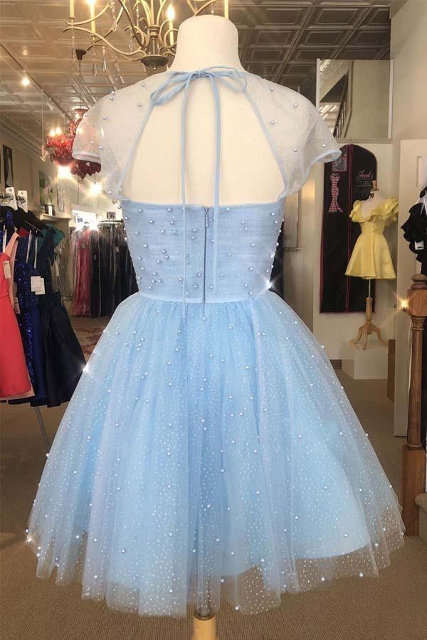 Vestido de Regresso a Casa com Mangas Curtas de Contas Brilhantes Azul Céu Claro