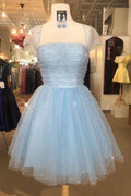 Vestido de Regresso a Casa com Mangas Curtas de Contas Brilhantes Azul Céu Claro