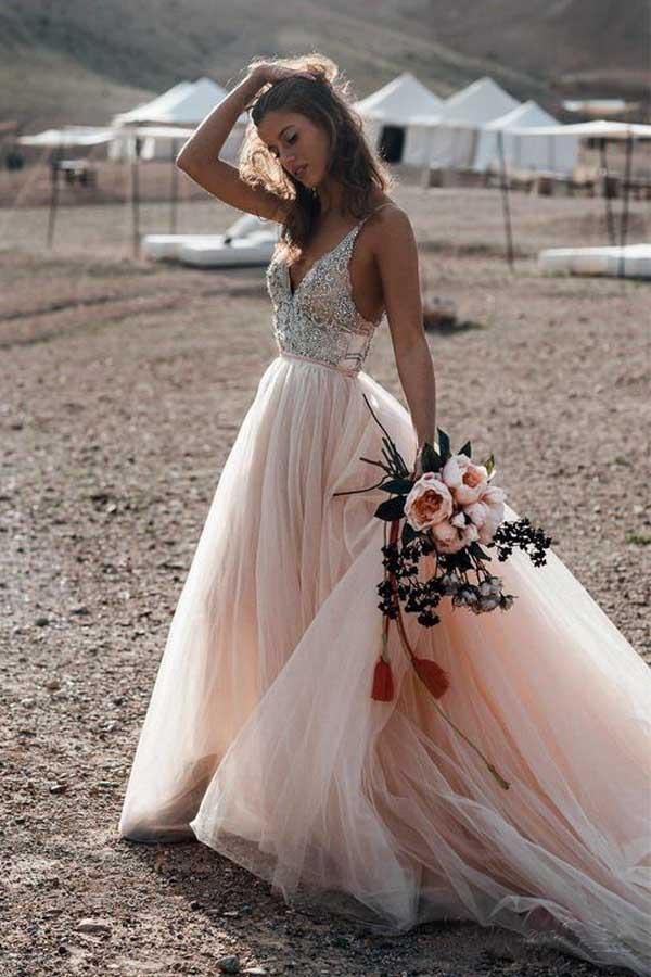 Sparkle Perlen A-Linie V-Ausschnitt Brautkleider Rückenfreie Brautkleider