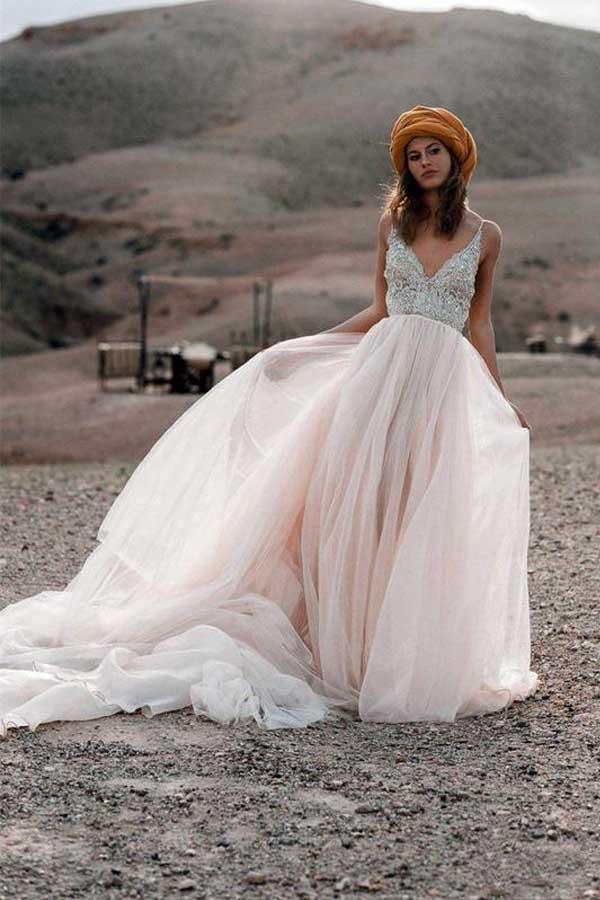 Sparkle Perlen A-Linie V-Ausschnitt Brautkleider Rückenfreie Brautkleider