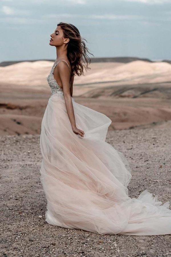 Vestidos de novia con escote en V, corte A y cuentas brillantes, sin espalda