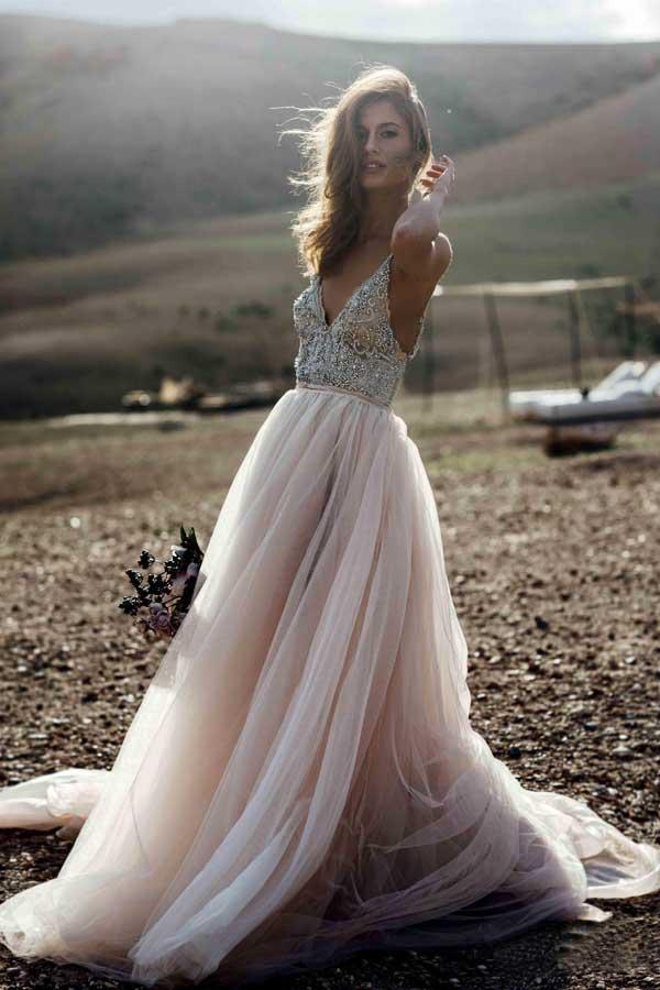 Sparkle Perlen A-Linie V-Ausschnitt Brautkleider Rückenfreie Brautkleider