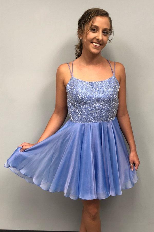 Robe courte de bal bleu à perles scintillantes, robe de rentrée