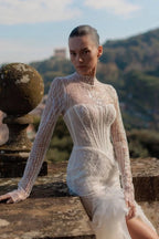 Sparkling White High Neck Long Sleeve Mermaid Wedding Dress With Sequins Beading