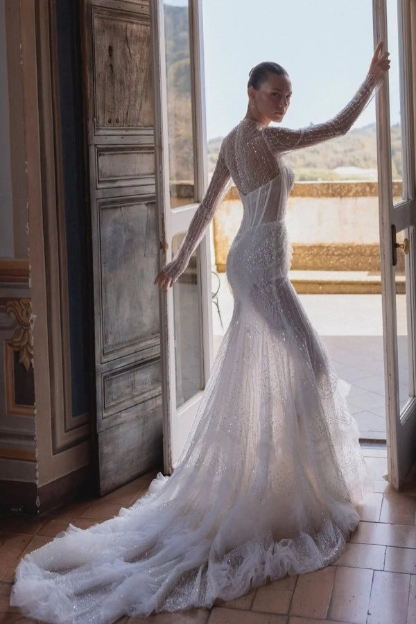 Sparkling White High Neck Long Sleeve Mermaid Wedding Dress With Sequins Beading
