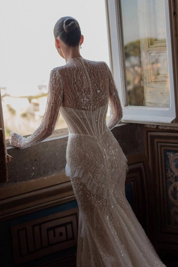 Sparkling White High Neck Long Sleeve Mermaid Wedding Dress With Sequins Beading