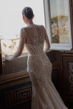 Sparkling White High Neck Long Sleeve Mermaid Wedding Dress With Sequins Beading