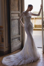Sparkling White High Neck Long Sleeve Mermaid Wedding Dress With Sequins Beading