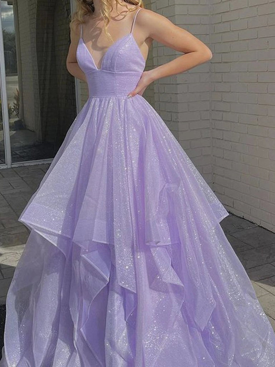 Robes longues de bal à col en V en forme de A scintillantes Robes de soirée formelles violettes duveteuses
