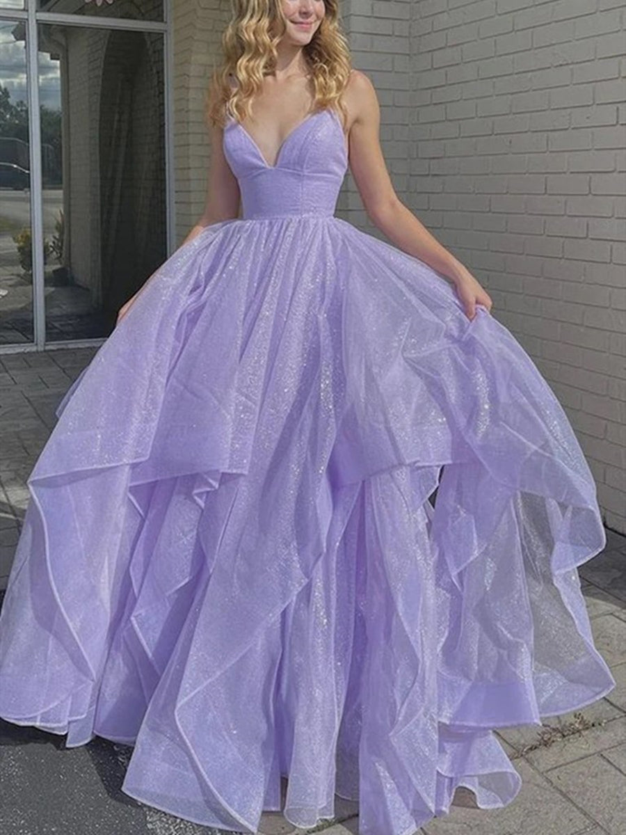 Robes longues de bal à col en V en forme de A scintillantes Robes de soirée formelles violettes duveteuses