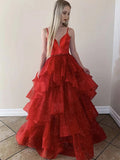 Robe de bal longue rouge en tulle, à bretelles fines, en forme de A, col en V scintillant