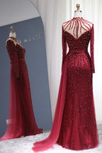 Robes de bal sirène à manches longues bordeaux scintillantes Robes de soirée somptueuses
