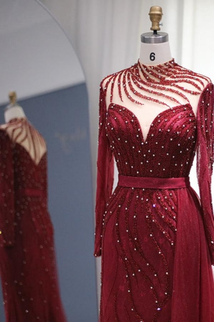 Robes de bal sirène à manches longues bordeaux scintillantes Robes de soirée somptueuses