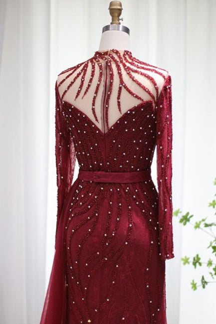 Robes de bal sirène à manches longues bordeaux scintillantes Robes de soirée somptueuses