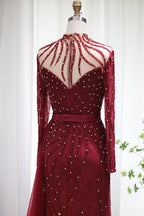 Robes de bal sirène à manches longues bordeaux scintillantes Robes de soirée somptueuses