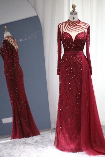 Robes de bal sirène à manches longues bordeaux scintillantes Robes de soirée somptueuses