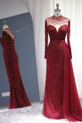Robes de bal sirène à manches longues bordeaux scintillantes Robes de soirée somptueuses