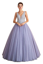 Robe de bal évasée à double encolure en V scintillante, cristaux, tulle, longueur au sol, robe de soirée