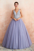 Robe de bal évasée à double encolure en V scintillante, cristaux, tulle, longueur au sol, robe de soirée