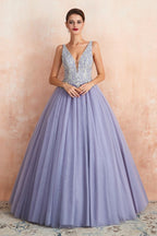 Robe de bal évasée à double encolure en V scintillante, cristaux, tulle, longueur au sol, robe de soirée