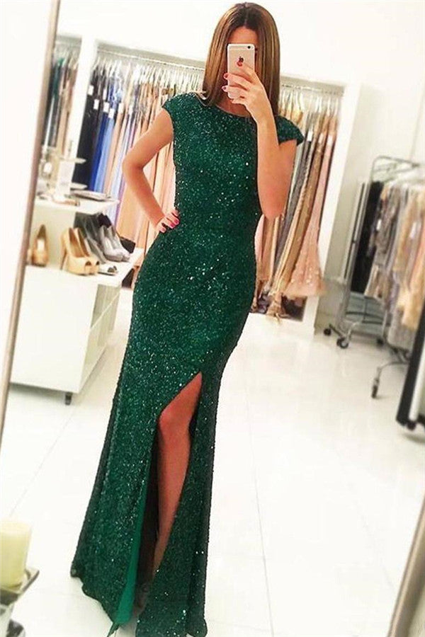 Robe de bal longue sirène scintillante à sequins avec dos ouvert en forme de bateau et fente